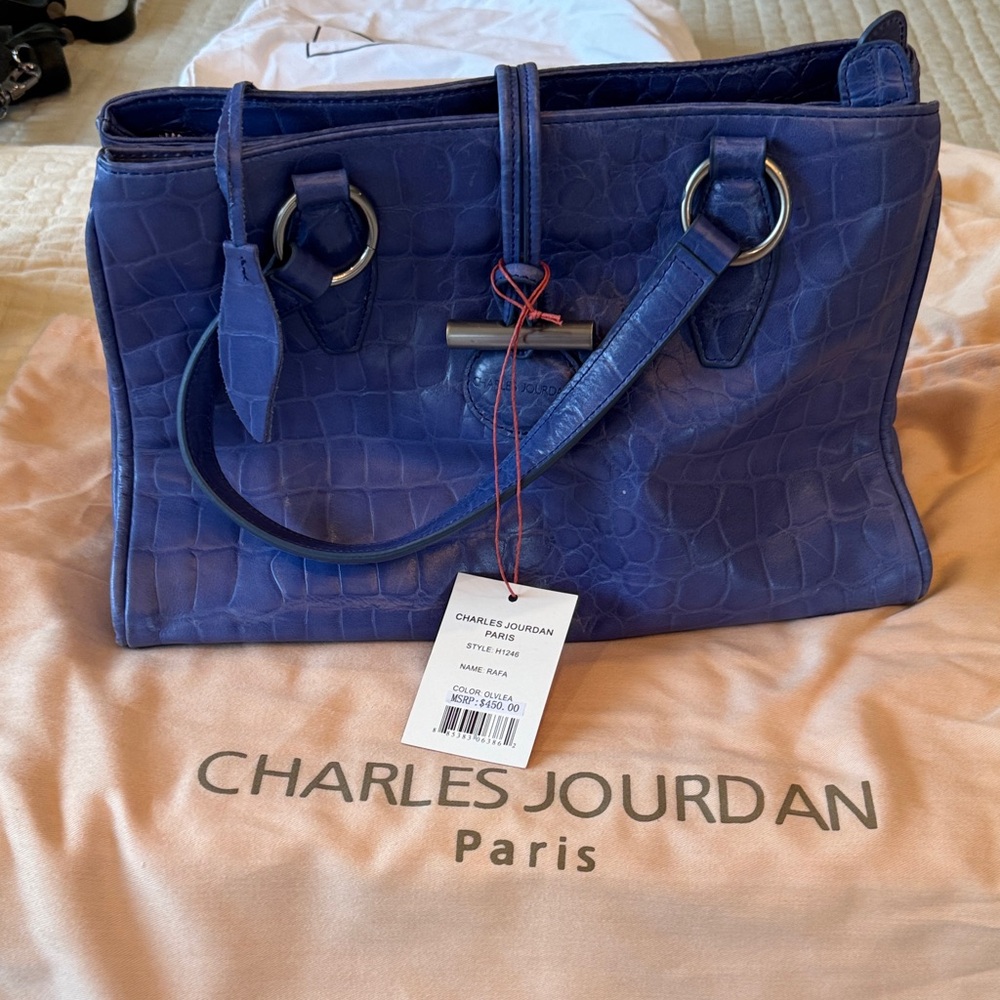 Charles Jourdan Cobalt Blue Croc-Embossed Leather Satchel